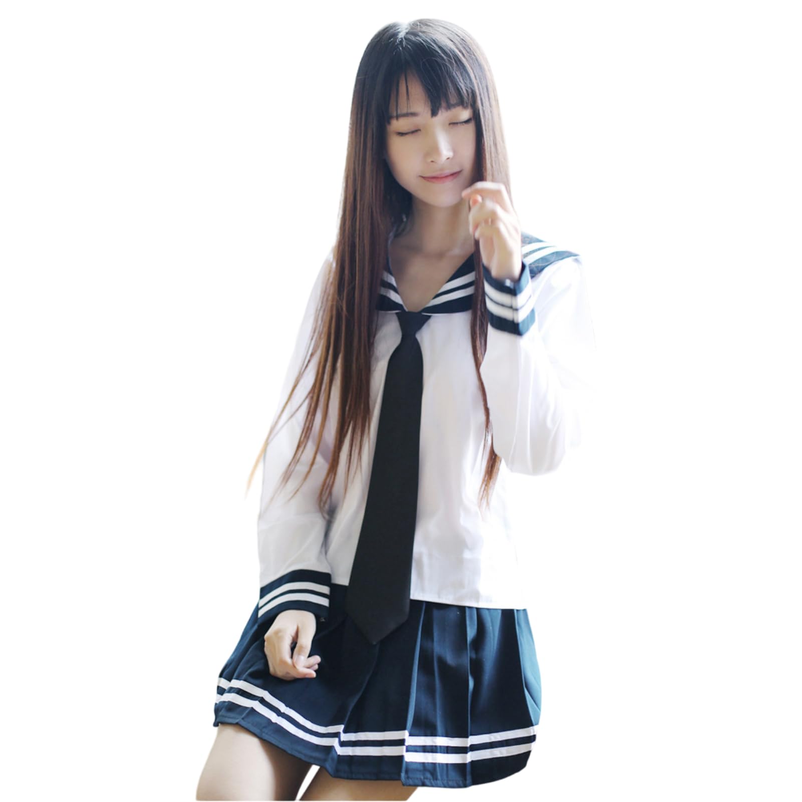 

Sailor Uniform Cosplay Long Sleeve Large Size JK High School Girl Uniform Costume Skirt with Long Tie 3 Piece Set S Size [Shandini]