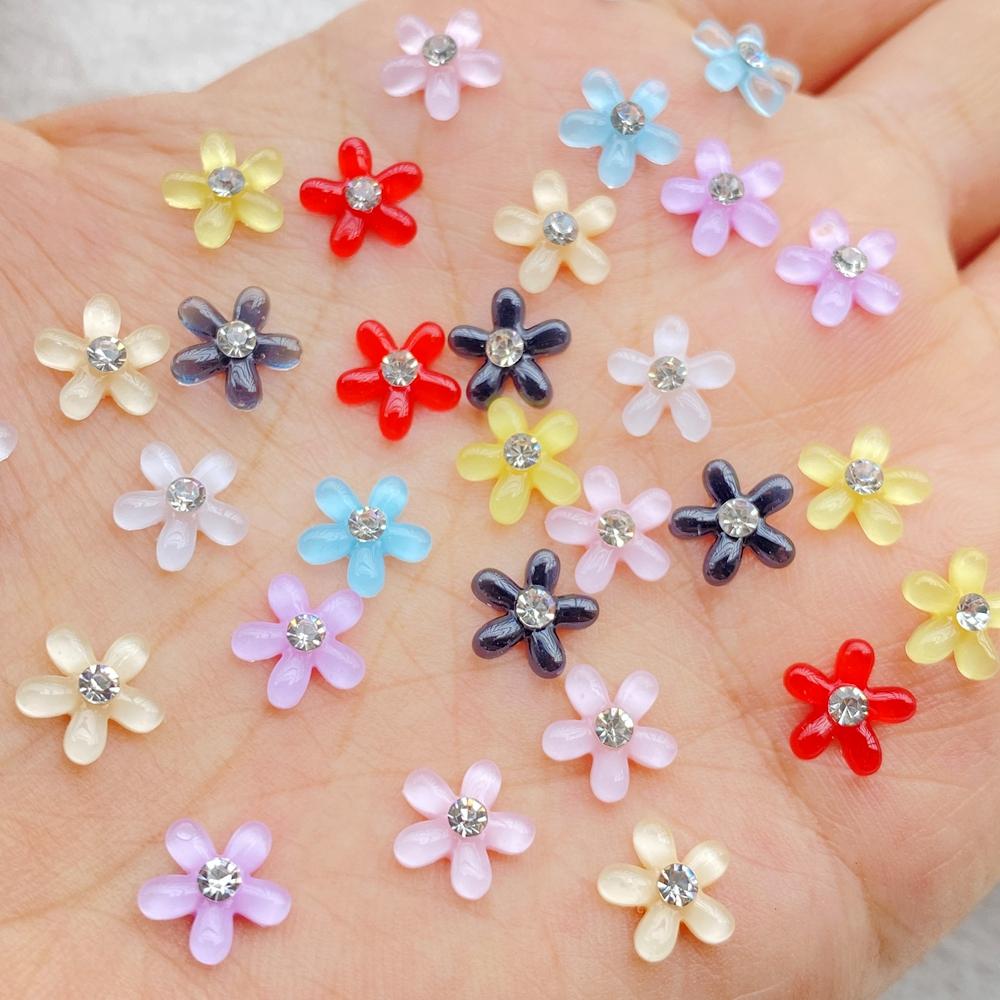 50Pcs 7mm Resin 3D Colorful Mini Shiny Diamond Flower Gems Flatback Figurines Scrapbook Wedding Applique Nail Art Decor Crafts