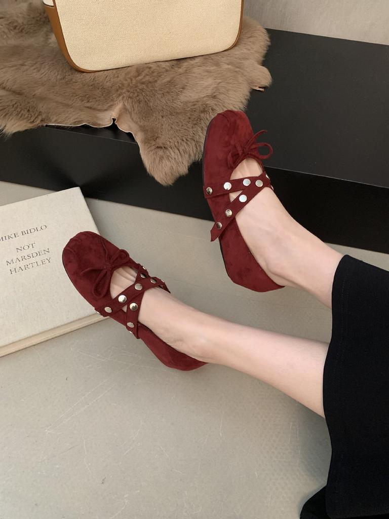 2025 autumn new round head ballet inner height increase cross with rivets commuting temperament women's shoes