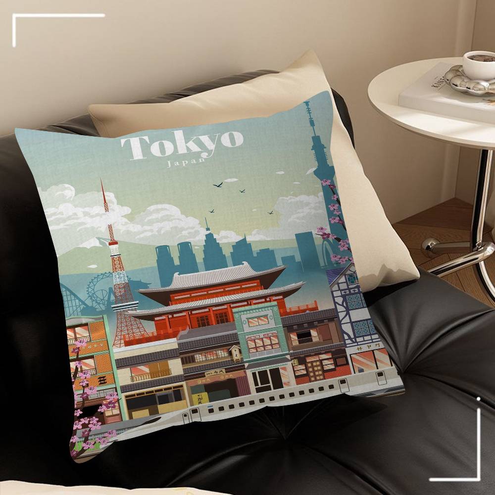 Vintage Japan Tokyo Japanese City Landscape Canvas Cushion Cover Pillow Cover Decor Pillowcase Printed Cushion Case For Couch