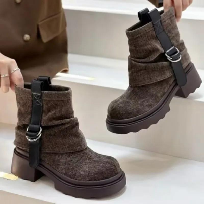 Fashion Chelsea Platform Flats Ankle Boots Suede Women Shoes Designer 2025 Trend New Casual Walking Boots Retro Fad Zapatos Mujer Botas