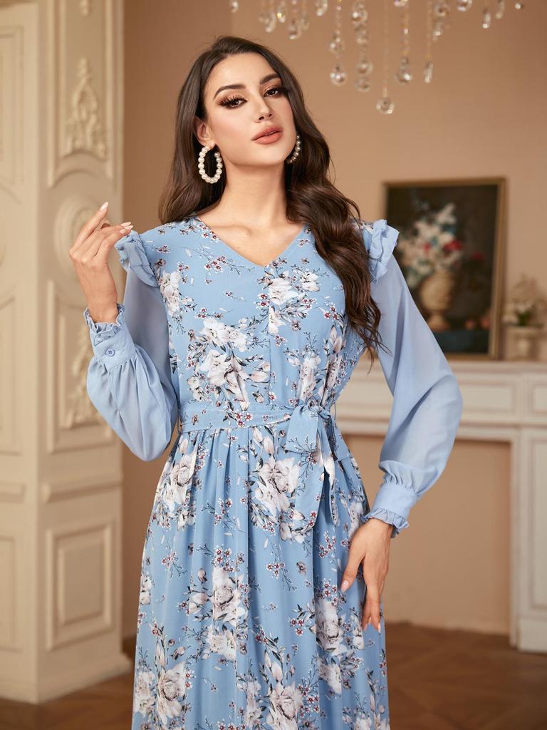 Elegantes Damen Langarm Patchworkkleid mit Druck für den Nahen Osten, Europa und Amerika