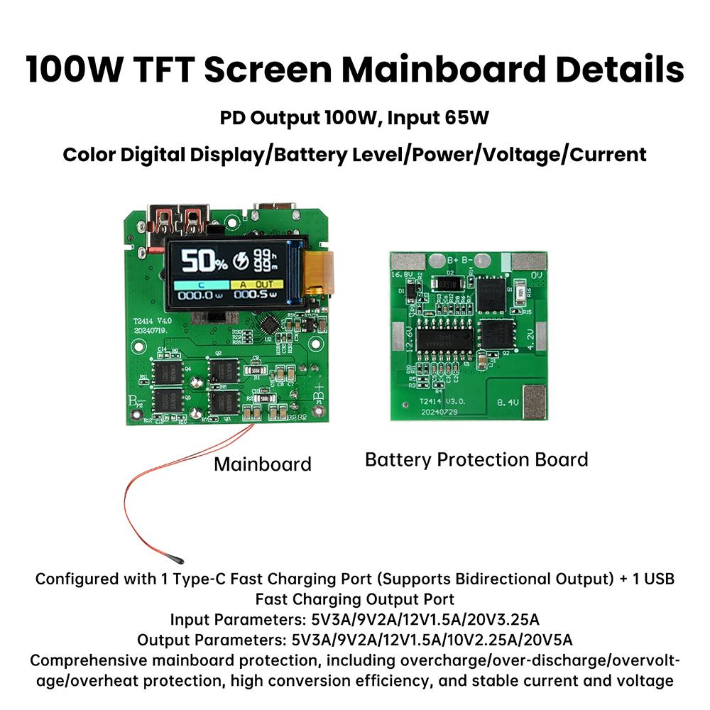 TFT Color Digital Display 100W Fast Charging Power Bank Motherboard with 4S Battery Protection Board PD QC Quick Charge Module