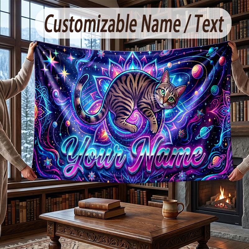 Cat Theme Throw Blanket Custom Name Text Personalized Blanket Soft Cozy Blanket for Home Sofa Bed