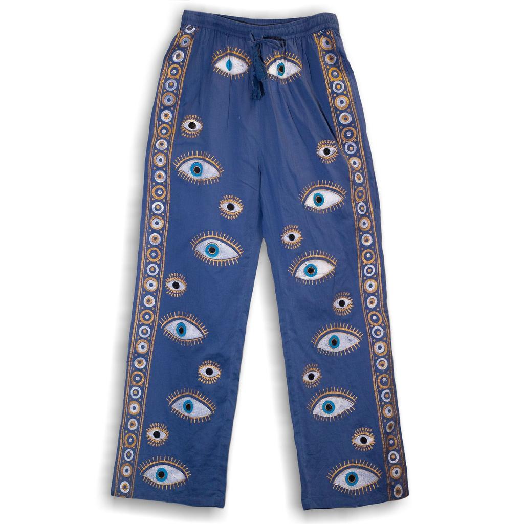 Lounge Pants Hand Painted Evil Eye Blue Gold