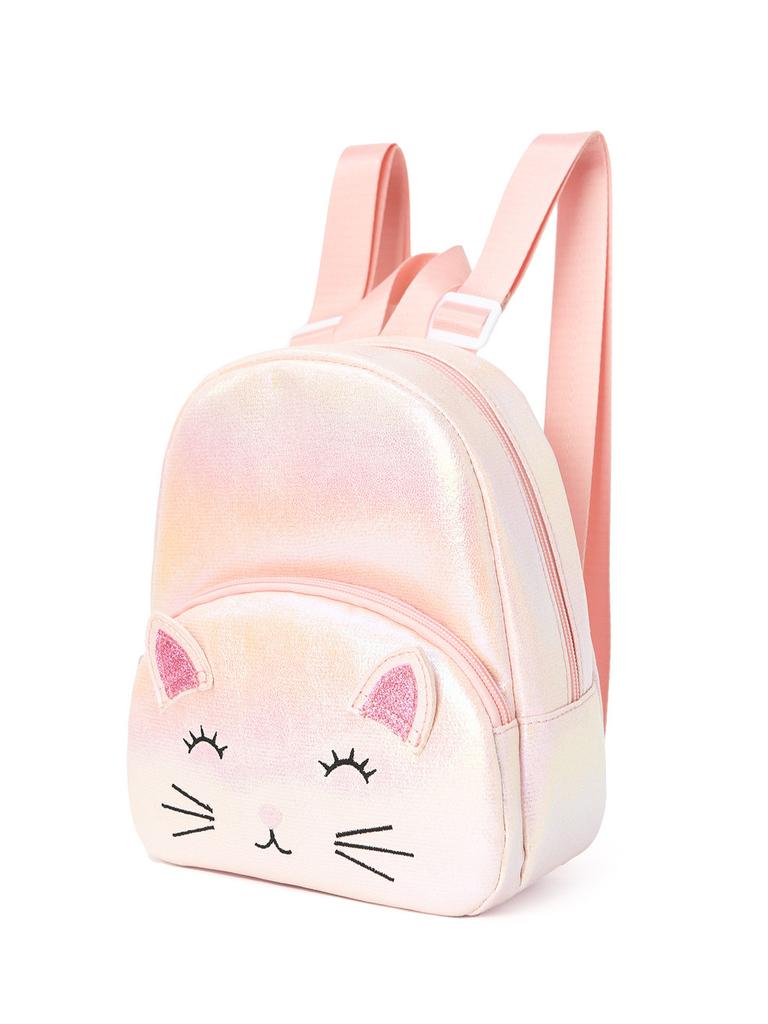 Kids Girl Cat Embroidery Double Pocket Backpack With Lightweight Polyester For School And Daily Use