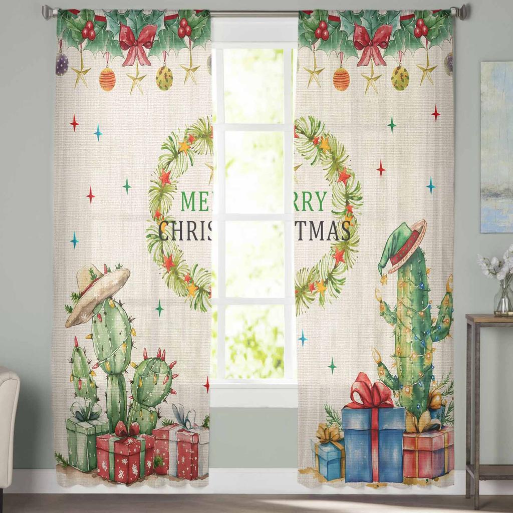 Christmas Winter Plant Bow Curtains For Living Room Bedroom Home Decoration Window Voile Tulle Curtain Drapes