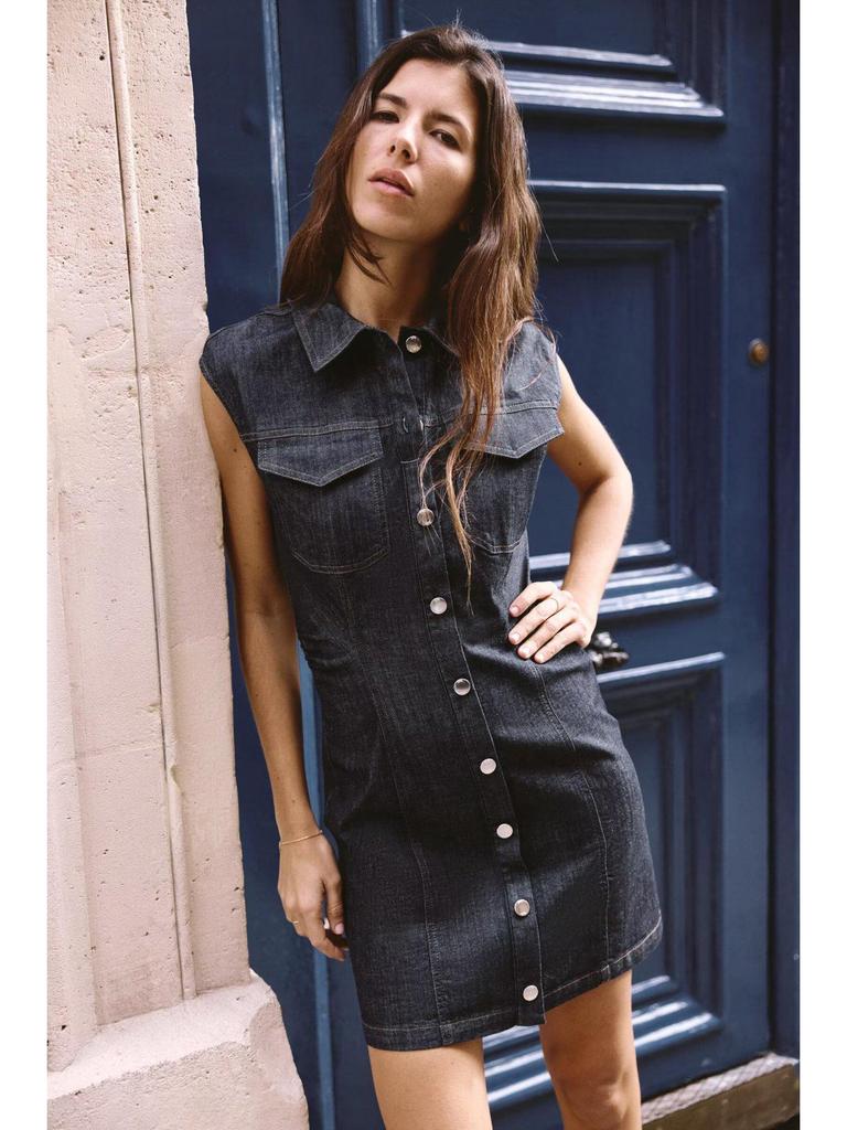 Spring 2025 European & American Style Women's Slim Denim Pleated Sleeveless Mini Dress