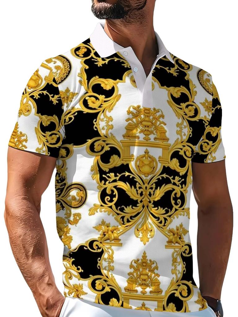 [Print Design - Not Textured] Men'S Outdoor Short Sleeve Polo Shirt, Multi-Size Available, Men'S Collared Polo, Black Golden Baroque Retro Floral