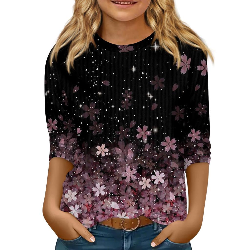 Children's 3/4 Sleeve Tops Knit  Casual  Print T Shirt Round Neck Pullover Blouse