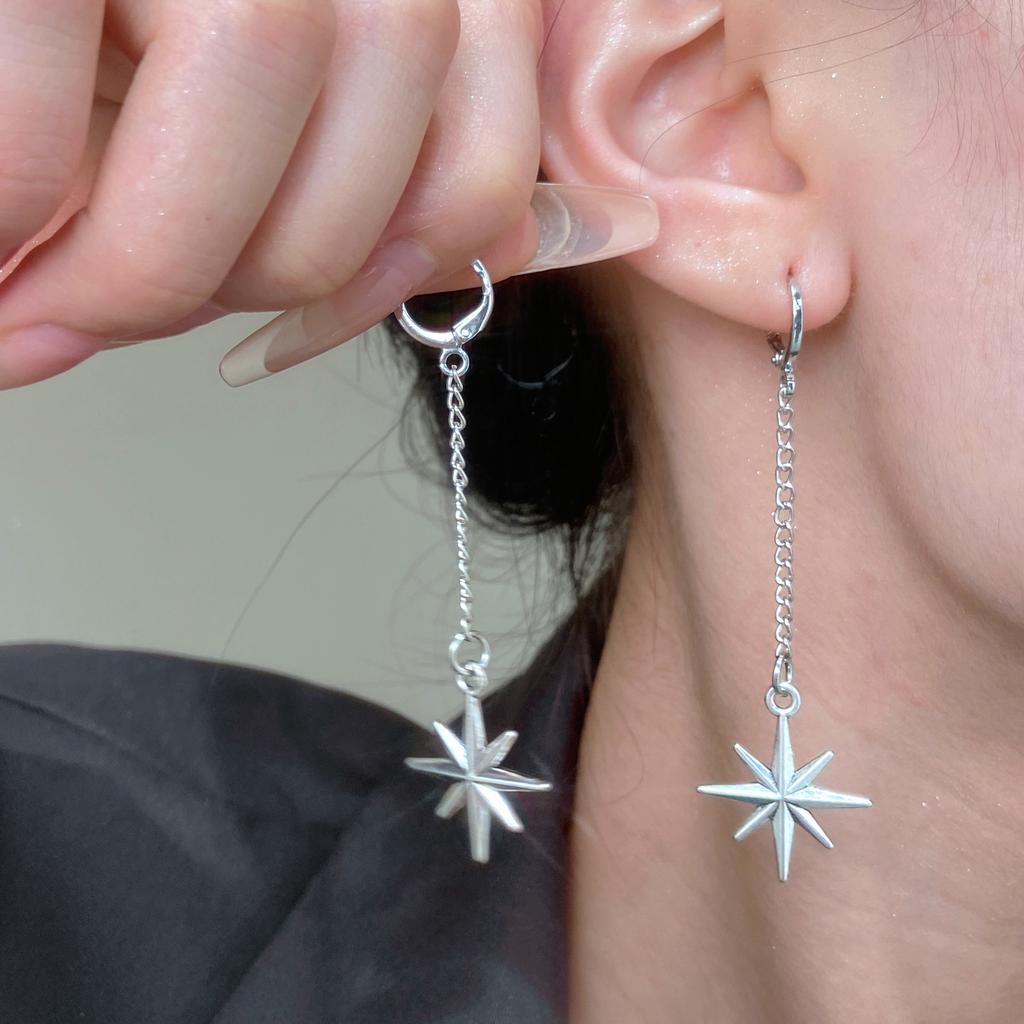 Silver Tone Spike & Black Bead Hoop Earrings, Gothic Punk Rock Rivet Drop Earrings for Women