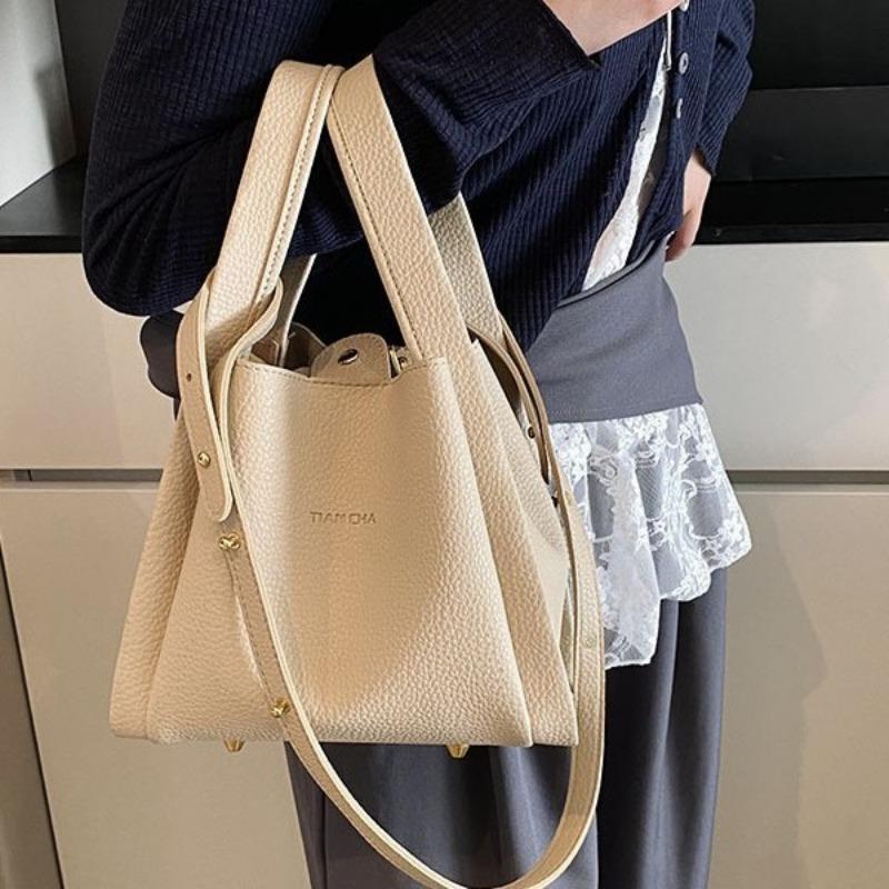 Lychee Pattern Letter Bucket Bag New High-end Bag Women's Simple Shoulder Portable Vegetable Basket Bag