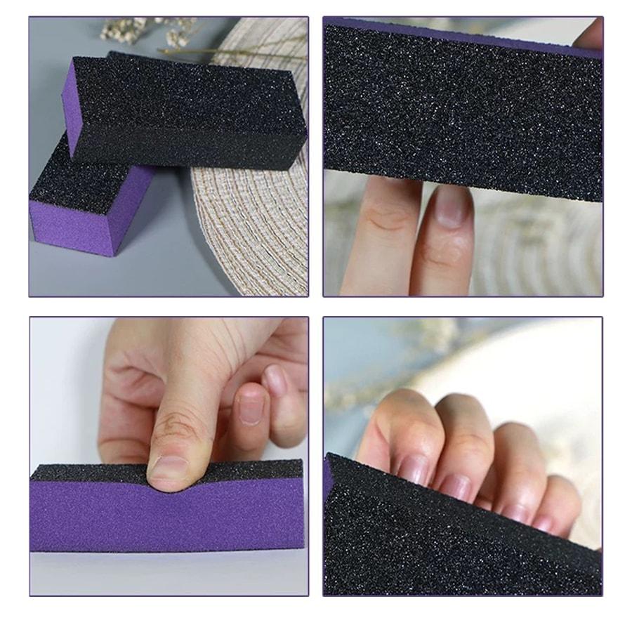 2pcs Buffer Block Sponge Sandpaper Nail File 60/80 Grit 3-Sided Manicure Tools (Purple & Black)
