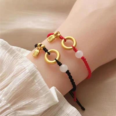 Rotes Perlenarmband mit Schnur und Gold-Sand-Friedensschnalle – Glücksbringer für Damen und Herren zum Benming-Jahr