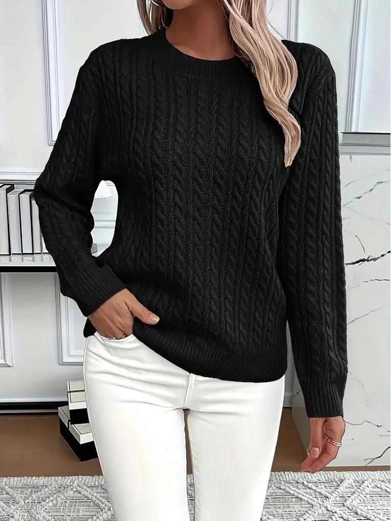 Women's Solid Color Cable Knit Crew Neck Sweater for Autumn/Winter 2025