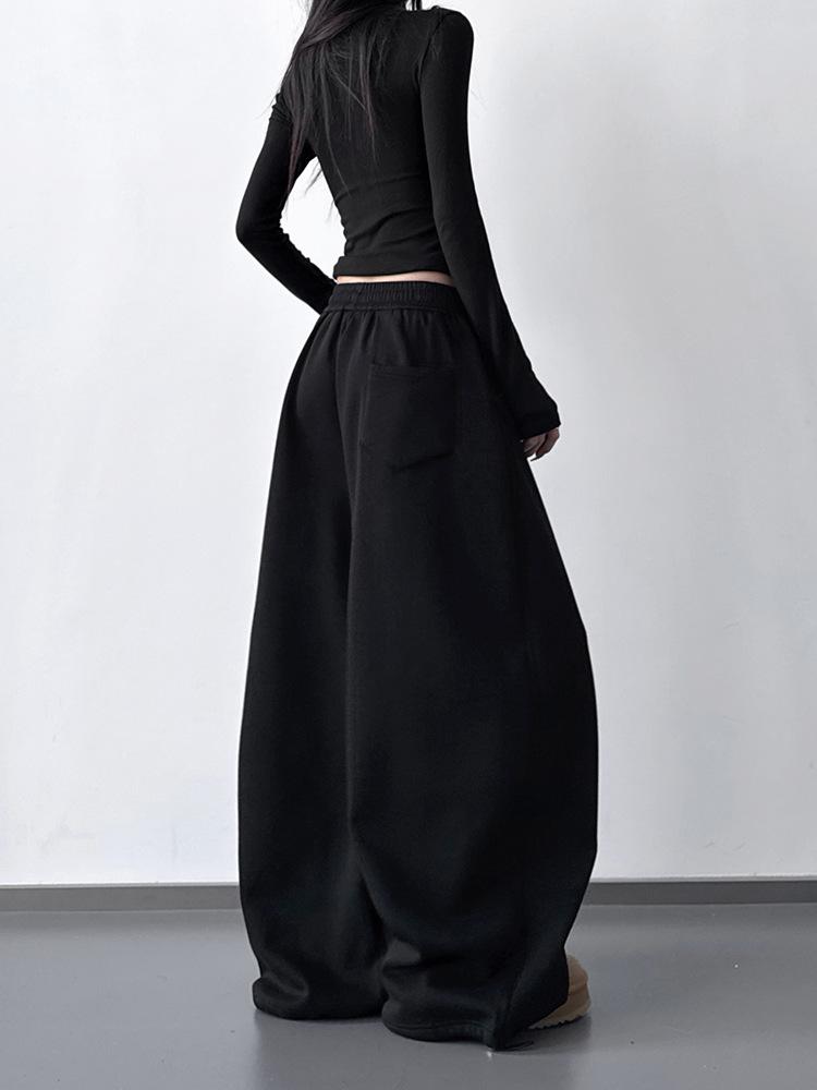 Women's Stylish Black Velvet Wide-Leg Sports Pants - New 2025 Winter Fashion, High Street Casual Style