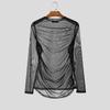 Men T Shirt Mesh Transparent Sexy O-neck Long Sleeve Tee Tops Men Streetwear Camisetas Pleated 2026 Party Men Clothing