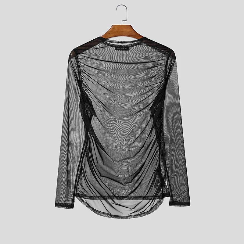 Men T Shirt Mesh Transparent Sexy O-neck Long Sleeve Tee Tops Men Streetwear Camisetas Pleated 2026 Party Men Clothing