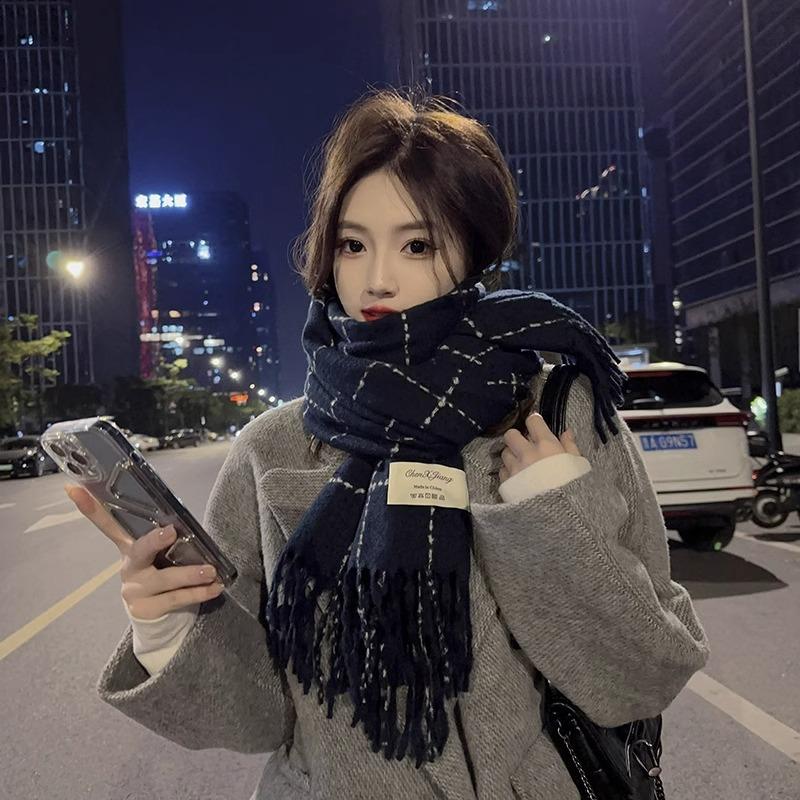 Plaid Scarf Women's Autumn and Winter New Dry Rose Pink Atmosphere Sense Advanced Sense Versatile Thickened Scarf