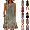 Women's Fashion Printed Summer Sleeveless V-neck Tank Top Pocket Casual Loose Dress