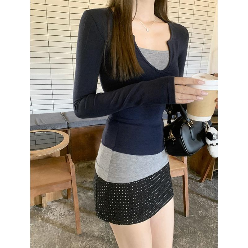 

Модная облегающая сексуальная футболка с V-образным вырезом и длинным рукавом для женщин, осенне-зимняя однотонная элегантная повседневная футболка, женская элегантная футболка-пуловер 25801 XL темно-синий