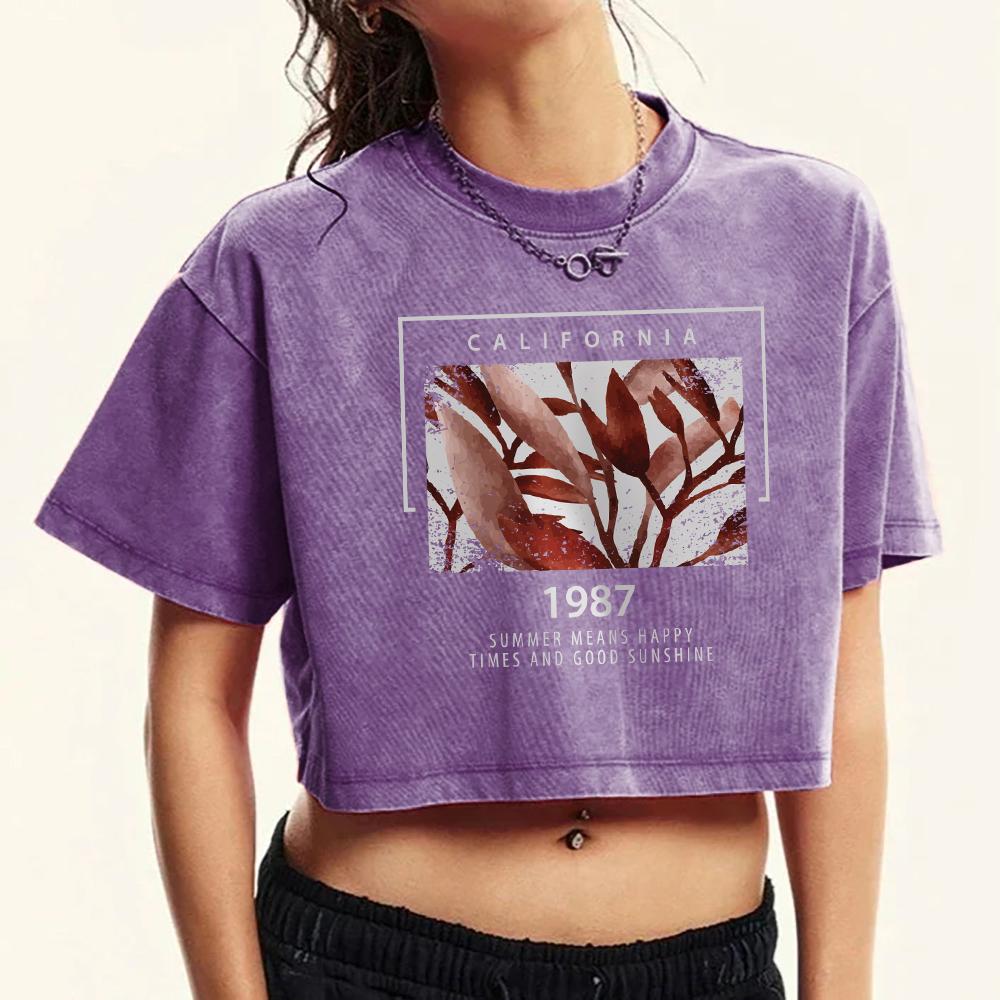 California 1987 Flowers Printed Washed Crop T-Shirt Womens Retro Crewneck Short Sleeve Fashion Clothes Summer Fitness Top