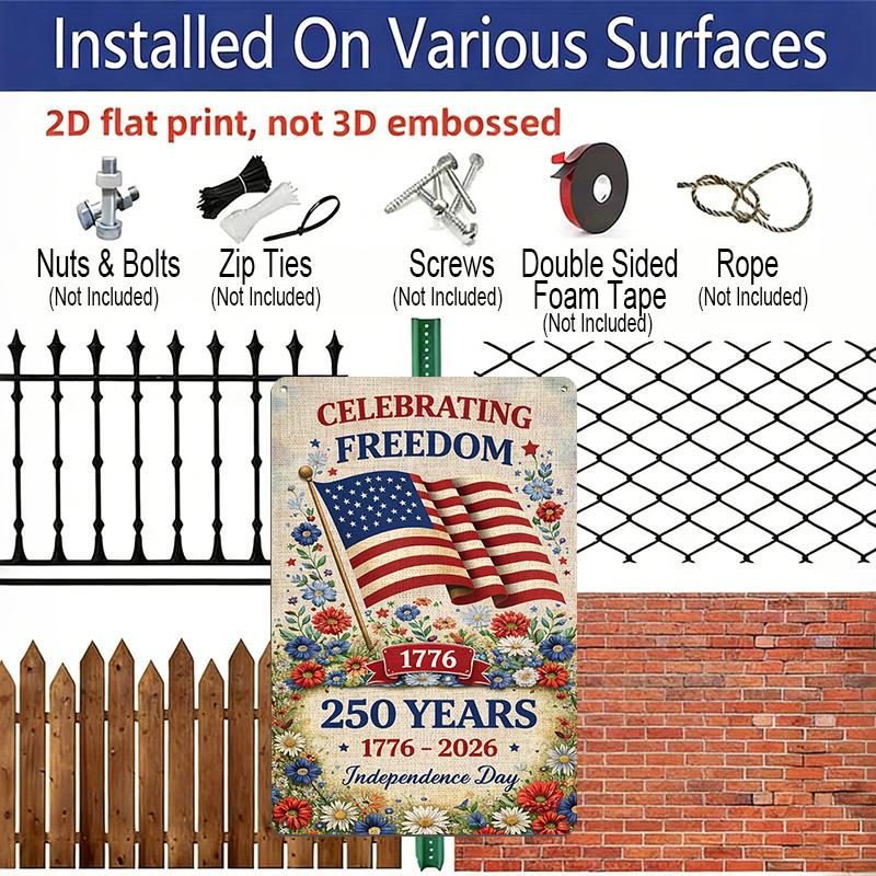 2D Flat Decorative 8×12 Inch Aluminum Plaque Metal Sign | 250 Years Independence Day (1776-2026): Celebrating Freedom with US Flag & Floral Design