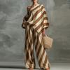 Women's Vintage Striped Print Fashion Top and Wide Leg Pants Set Casual Loose Fit Two Piece Outfit for Daily Wear and Leisure
