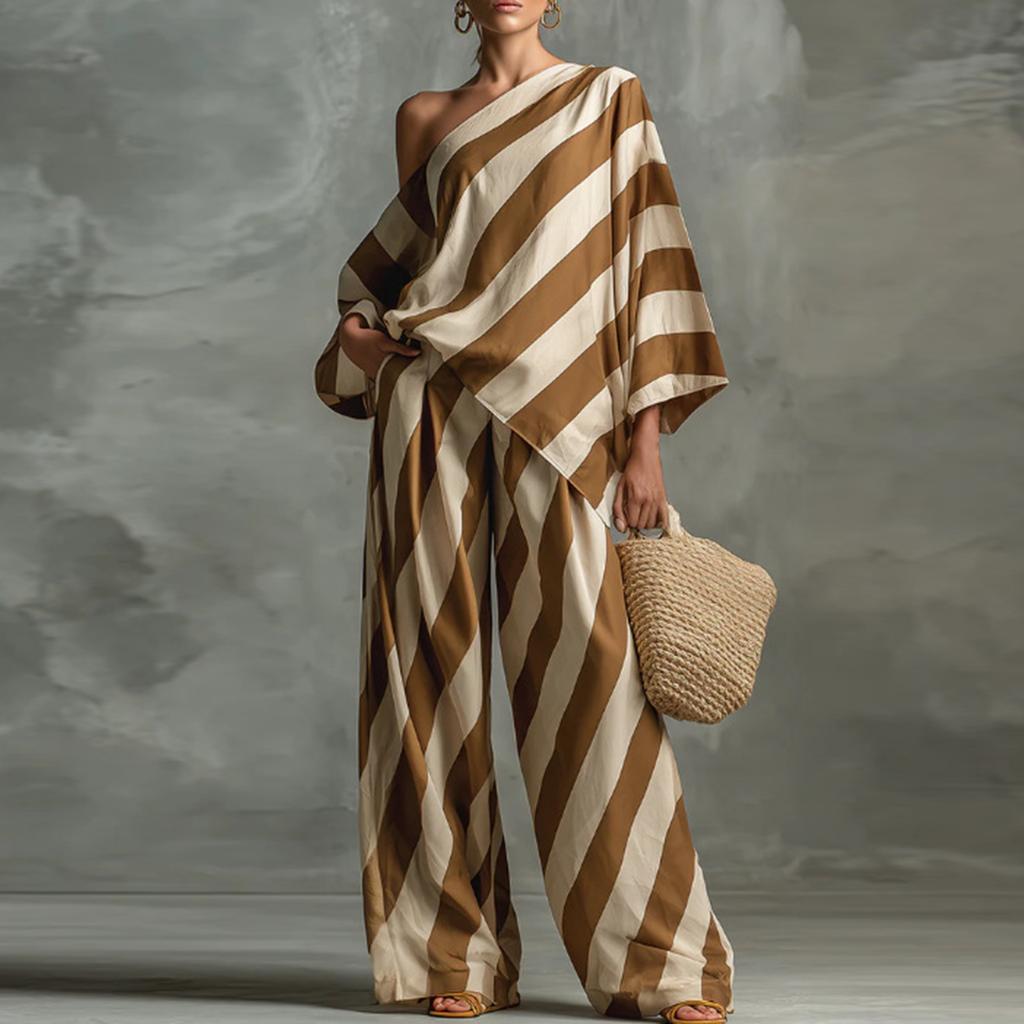 Women's Vintage Striped Print Fashion Top and Wide Leg Pants Set Casual Loose Fit Two Piece Outfit for Daily Wear and Leisure