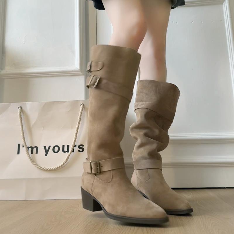 

2025 new pointed belt buckle knight boots comfortable thick heel sleeve high boots fashion versatile pile boots women 40 хаки
