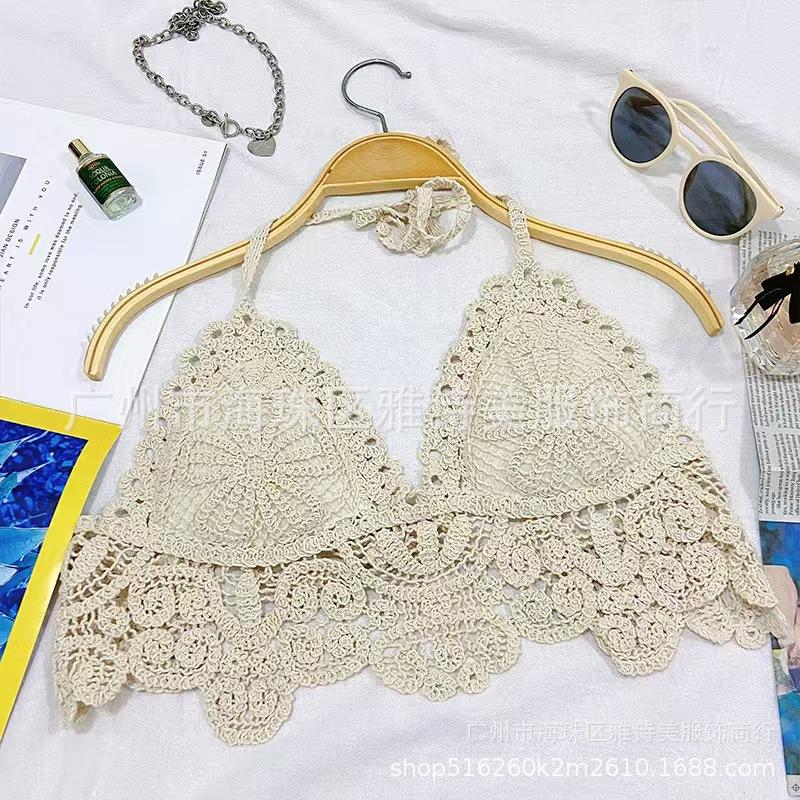 New fashionable and sexy tube top with small suspenders for women's summer seaside beach lace-up hollow knitted neck top