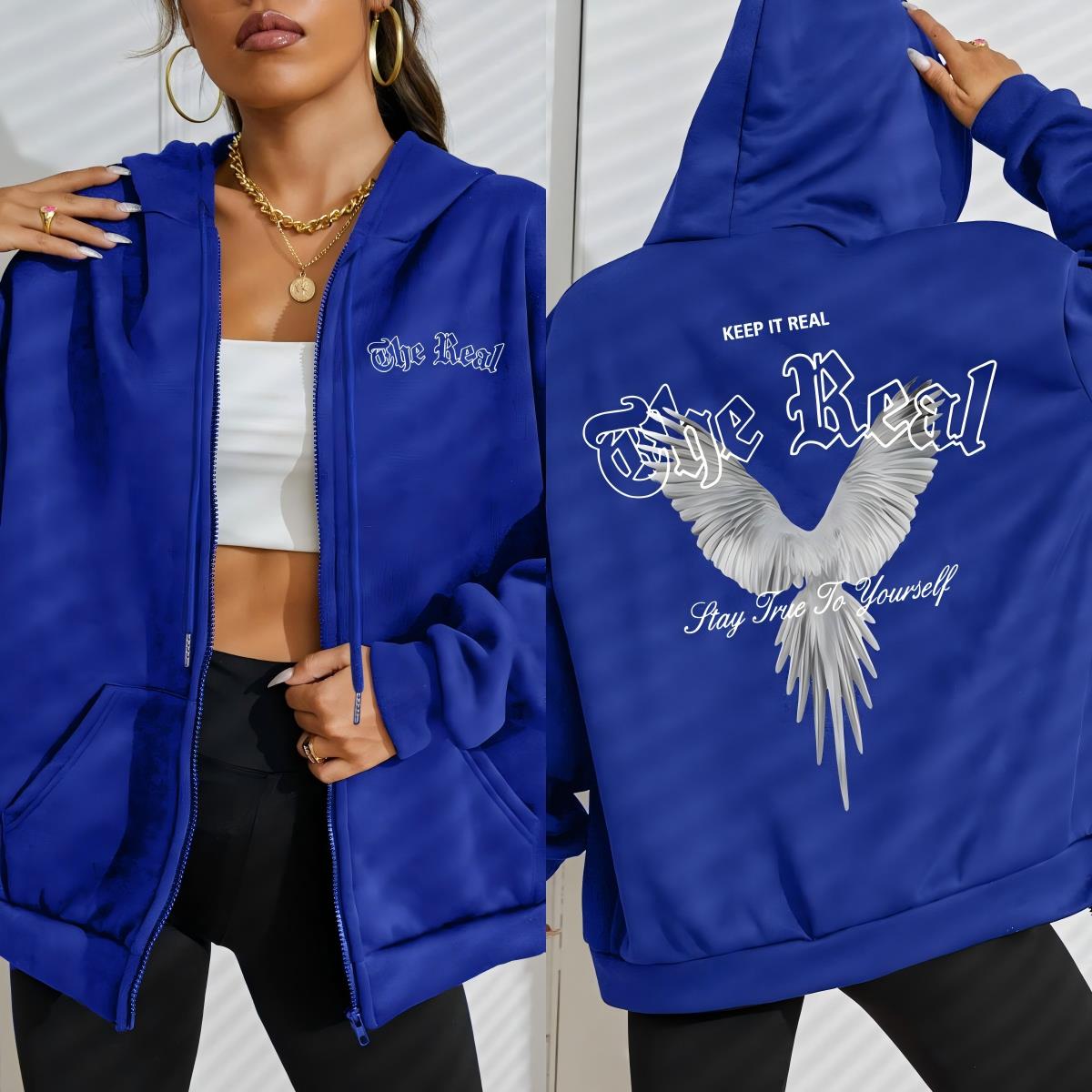 

Keep It The Real Wings Creative Printing Zipper Hoodie Women Autumn Loose Hoody Casual Fleece Sportswear Clothing S