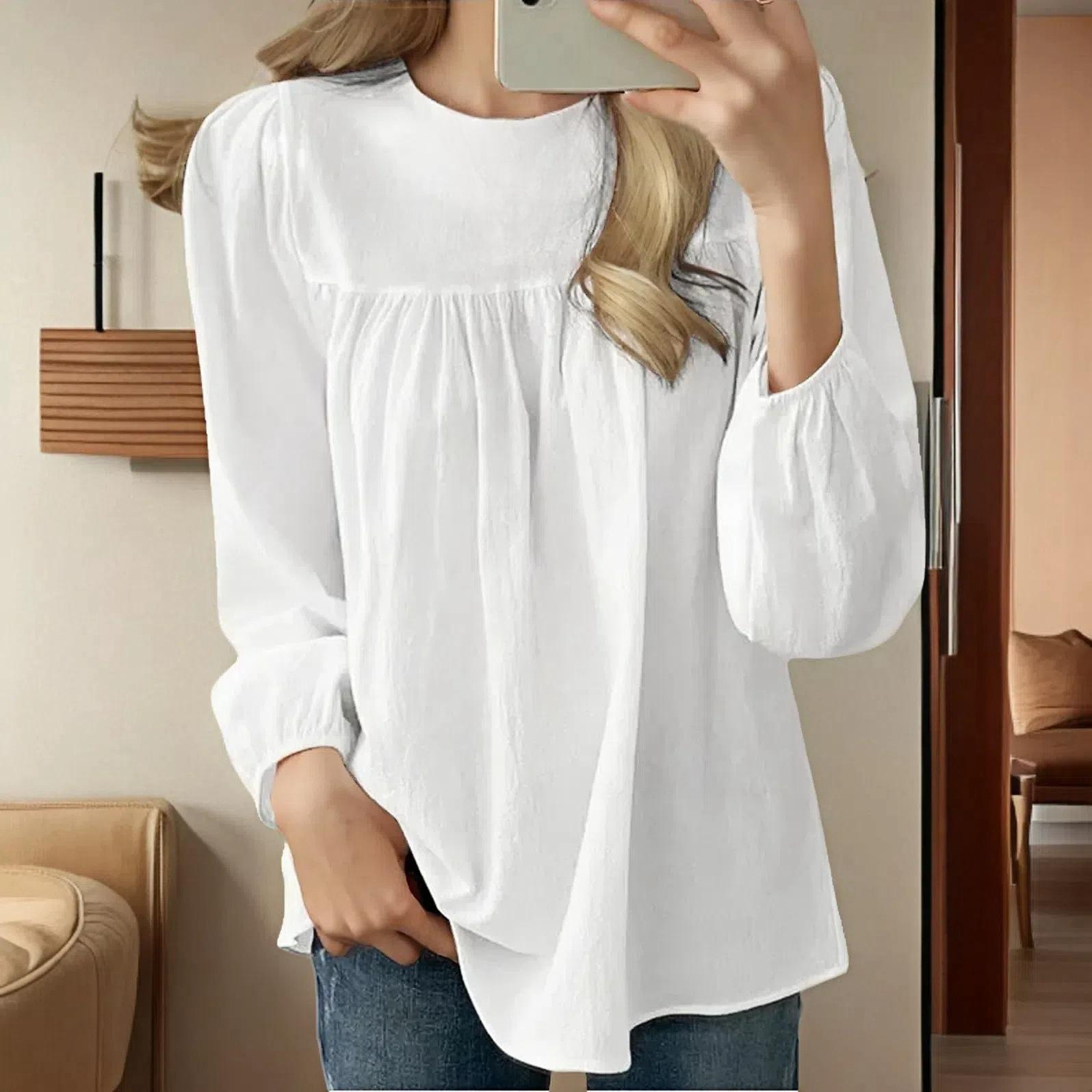 

Women s Spring Cotton and Linen Solid Color Round Neck Shirt Autumn Loose Button Elegant Tops XS
