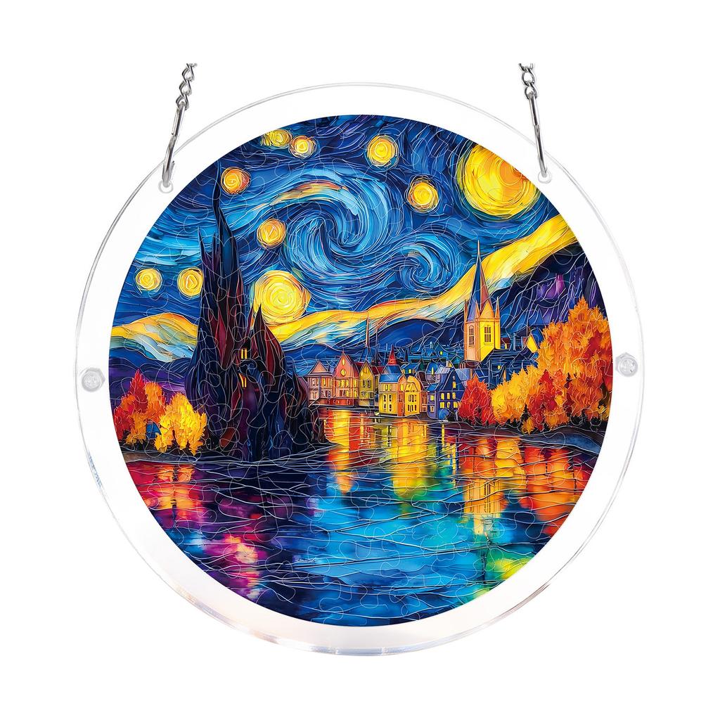 Acrylic Suncatcher Window Hanging Decoration 2D Round Shape with Leaf Pattern Stained Glass Style Home Ornament