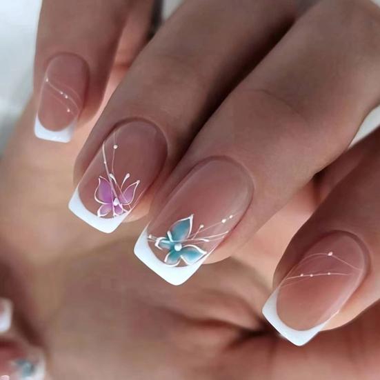 24Pcs Butterfly Fake Nails French Square Long Nail Extension Removable Home Salon Women Girls Full Cover Plastic Press on Nails Kit