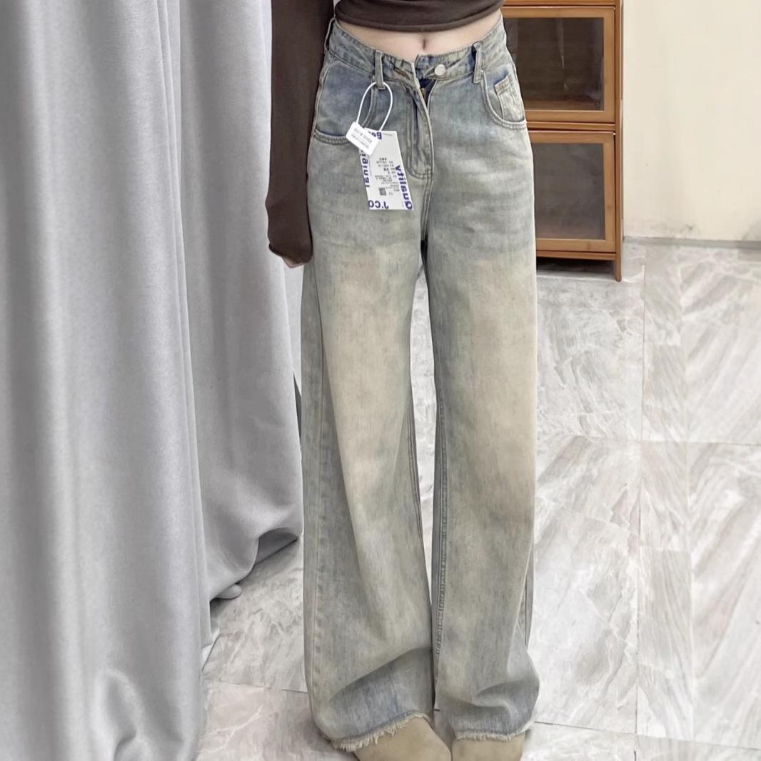 

Women s Petite High Waist Retro Wide Leg Jeans - Raw Edge, Loose Fit, Floor-Length Pants for Spring and Fall Extra Large