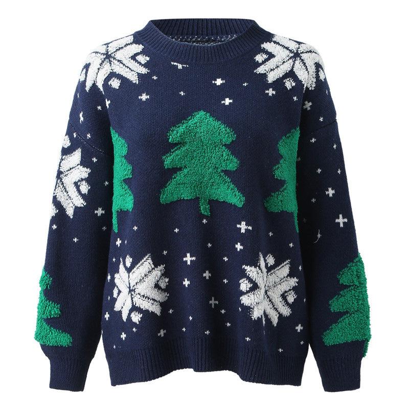 2025 Women's Embroidered Christmas Sweater - European & American Style Crew Neck Pullover with Snowflake and Tree Design