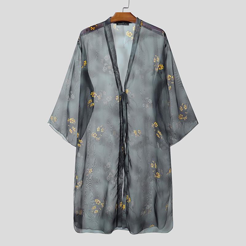 

INCERUN Мужской кардиган с рукавами «летучая мышь», цветочным принтом, свободный, сетчатый, прозрачный, спереди открытый M