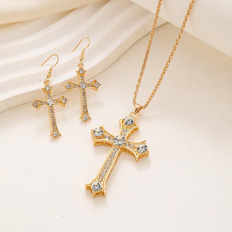 European-American Punk Diamond Cross Necklace & Luxury Earrings Set for Women