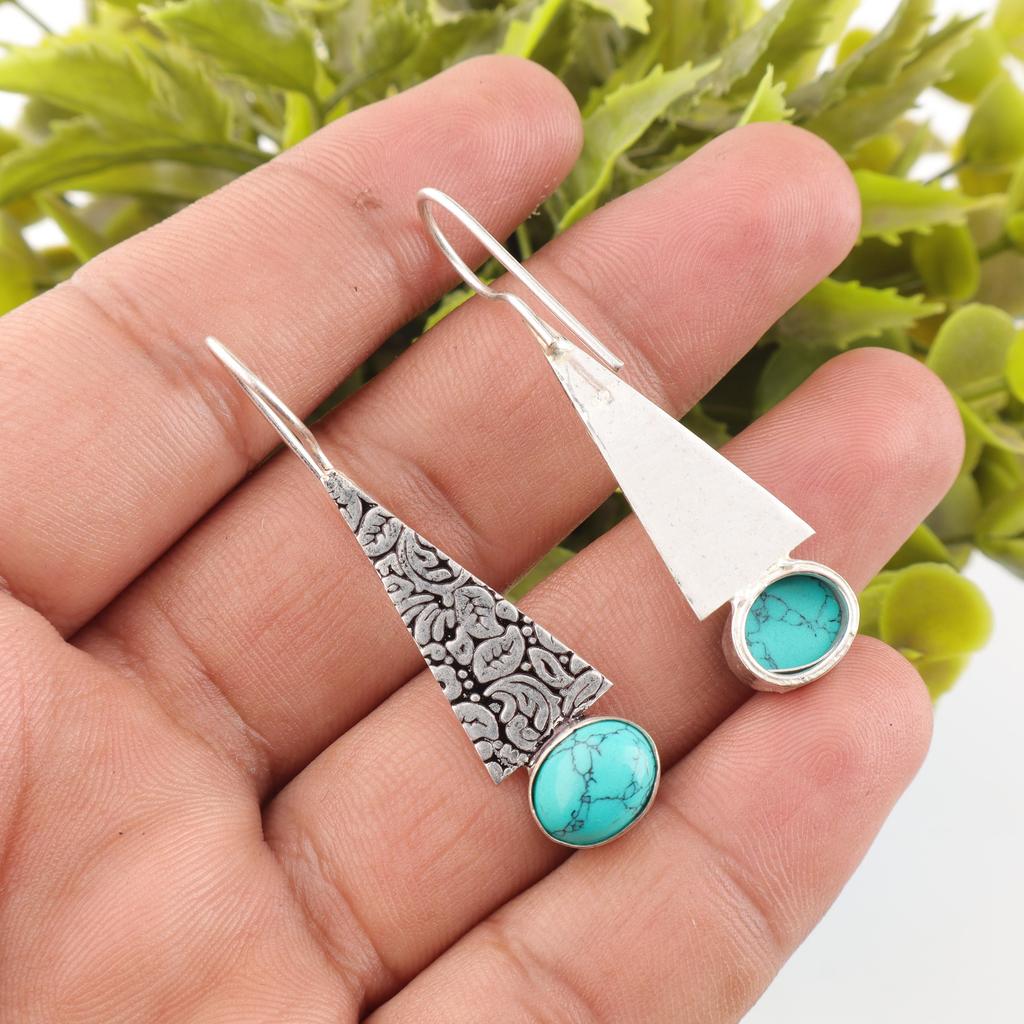 Blue Turquoise Gemstone Silver Earrings, Handmade Beautiful Earrings, 925 Solid Sterling Silver Jewelry Pretty Earrings Gift For Mom