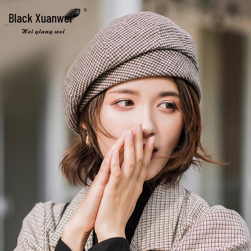 Women's Autumn/Winter Houndstooth Beret - Retro British Style