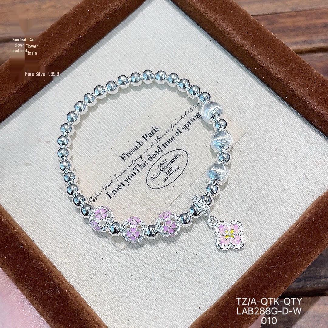 Sterling Silver Enamel Four-Leaf Clover Beaded Bracelet - Trendy & High-Quality 999.9 Fine Silver