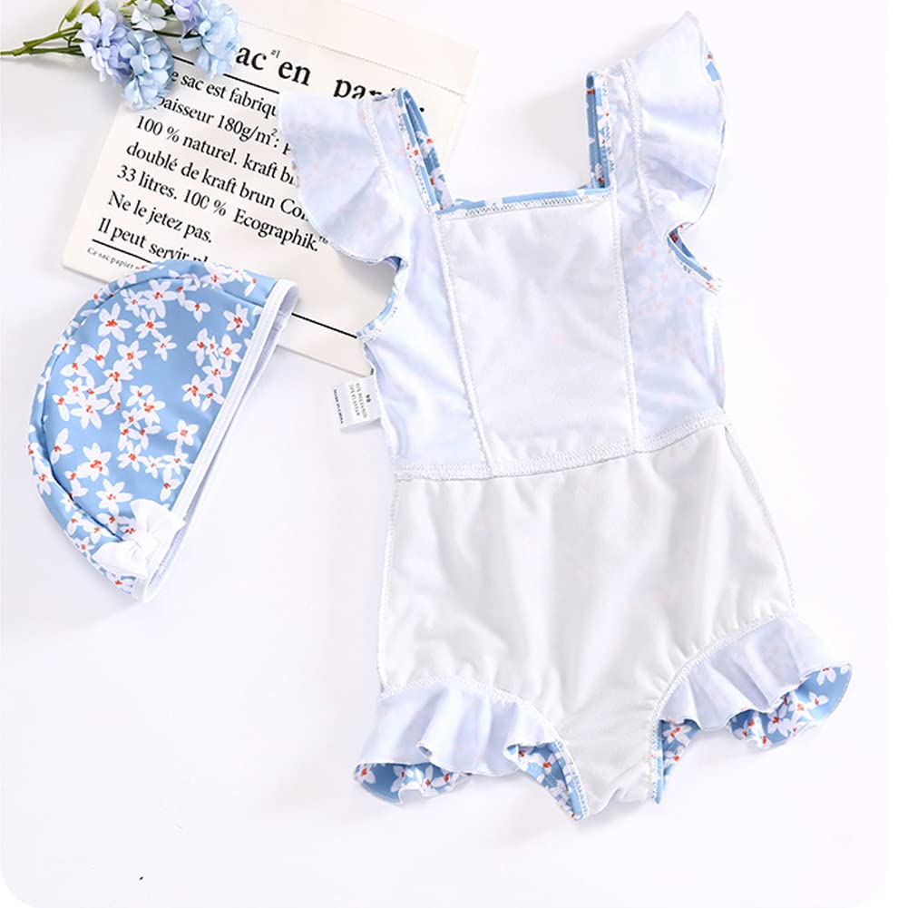 Yolrky Kids' Girls' One-Piece Floral Swimsuit with Ribbon and Cap (130)