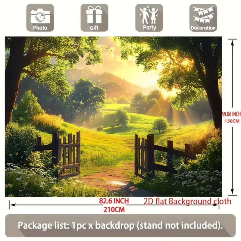 2D Sunrise Green Meadow Photography Backdrop Rustic Farm Gate Background