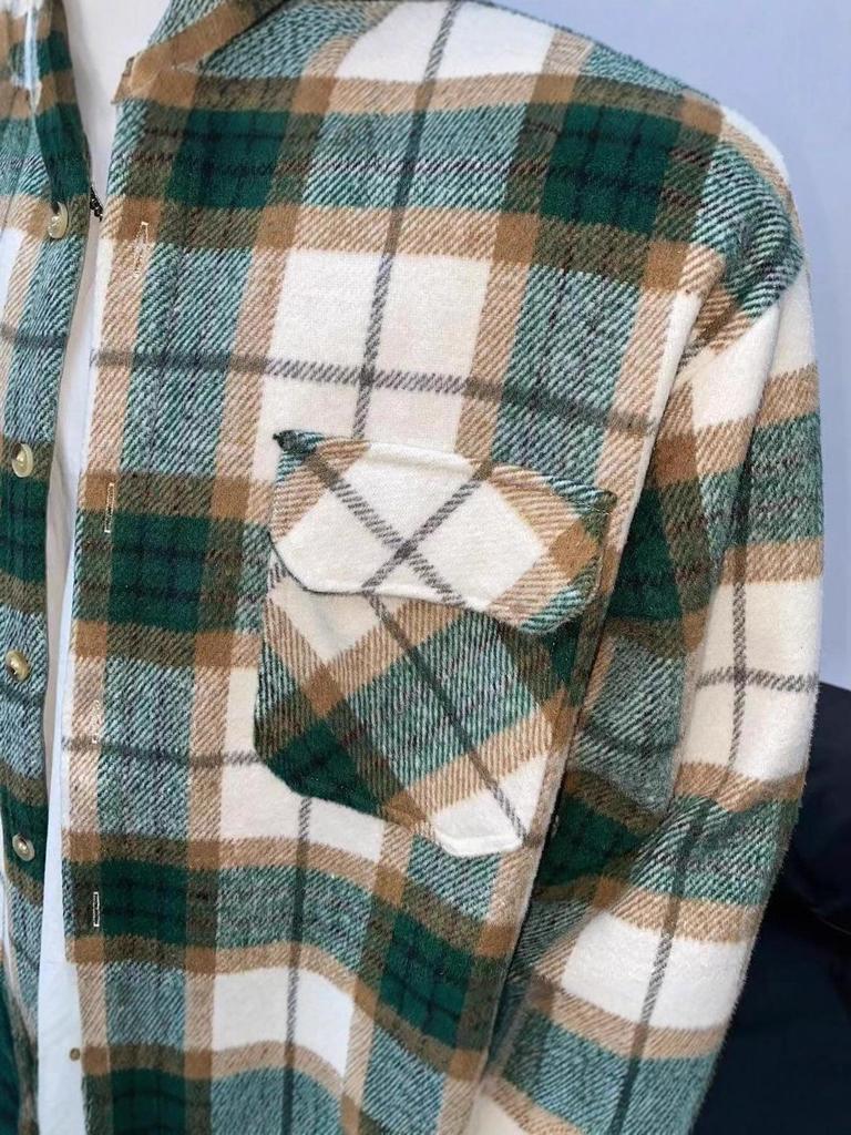 Men's Thickened Plaid Shirt Jacket with Lapel and Pockets - Autumn/Winter
