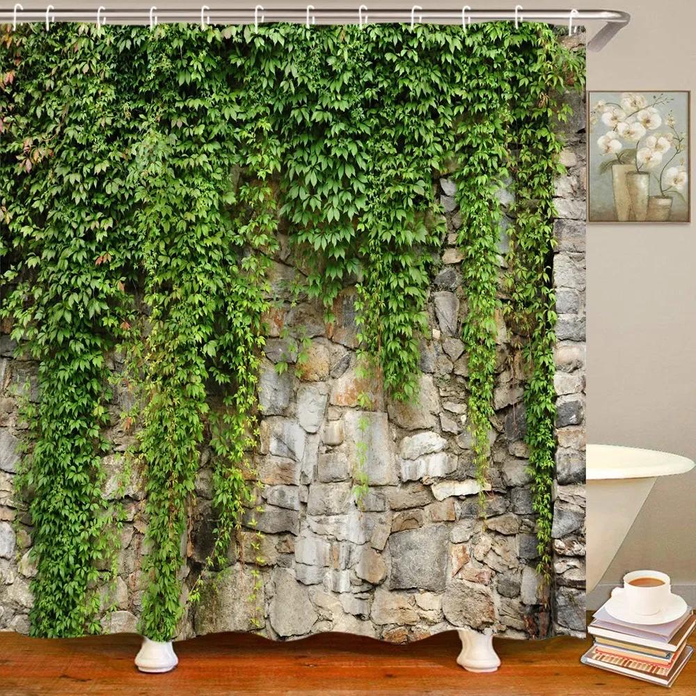 

Botanical Brick Wall Shower Curtain Stone Greenery Leaves Vine Farm Rustic Garden Landscape Rock Polyester Fabric Bathroom Decor 90x180cm-35x70in