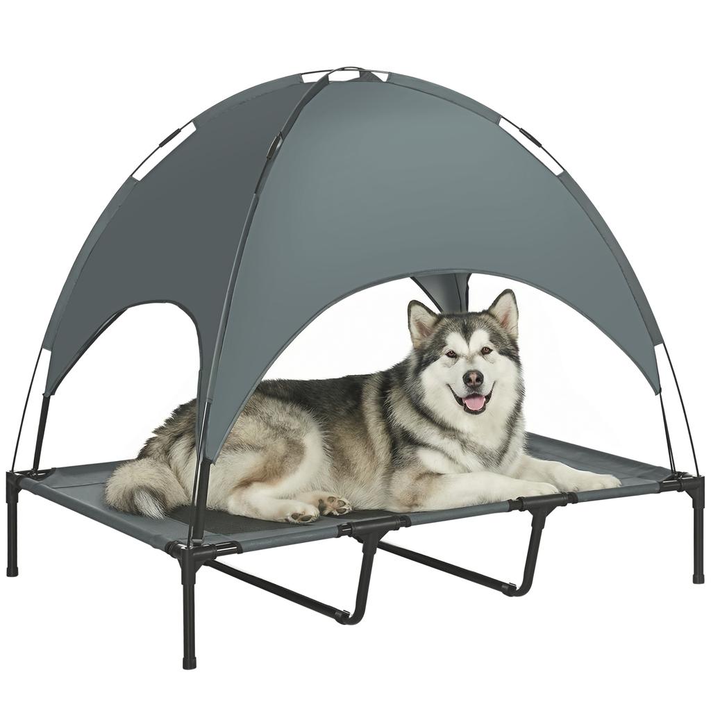 Elevated Dog Bed with Canopy, Outdoor Pet Lounger, Taffeta Fabric, Grey, 122 x 92 x 108 cm