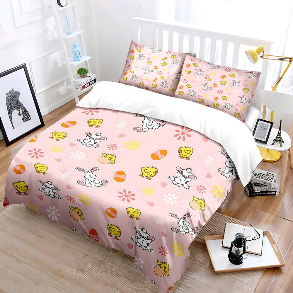 Cartoon bunny and chick Easter eggs Print Bedding Set 1 Duvet Cover 2 Pillowcases for Adult and Children Luxury Gift Full Size