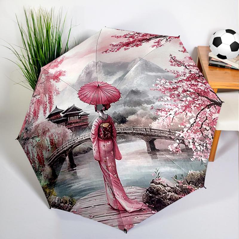 Japanischer Kirschblüten-Geisha-Schirm, Automatisches Öffnen/Schließen, Stabiler Eisenrahmen & 8-Rippen-Struktur, Schirm für Damen & Herren, Weihnachtsgeschenk