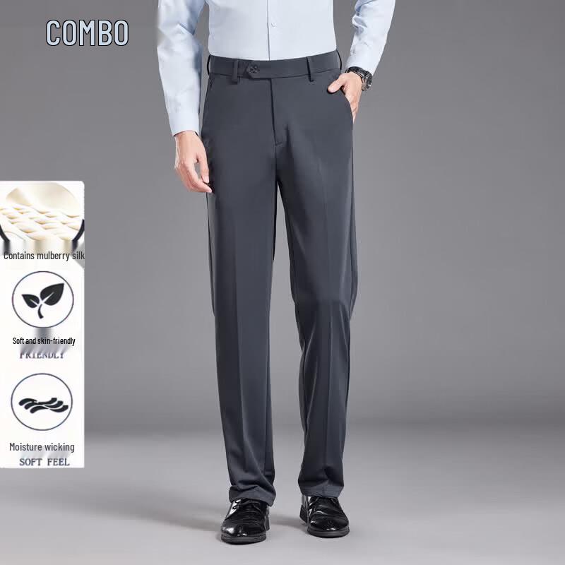 Kangbo Men's Silk-Blend Business Casual Straight-Leg Trousers